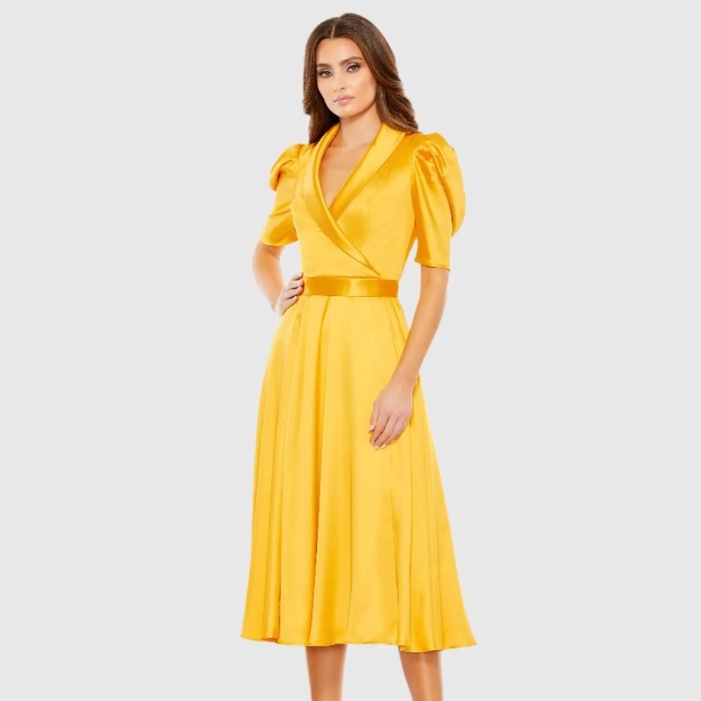 Mac Duggal Satin Lapel Puff Sleeve Tea Length Dress